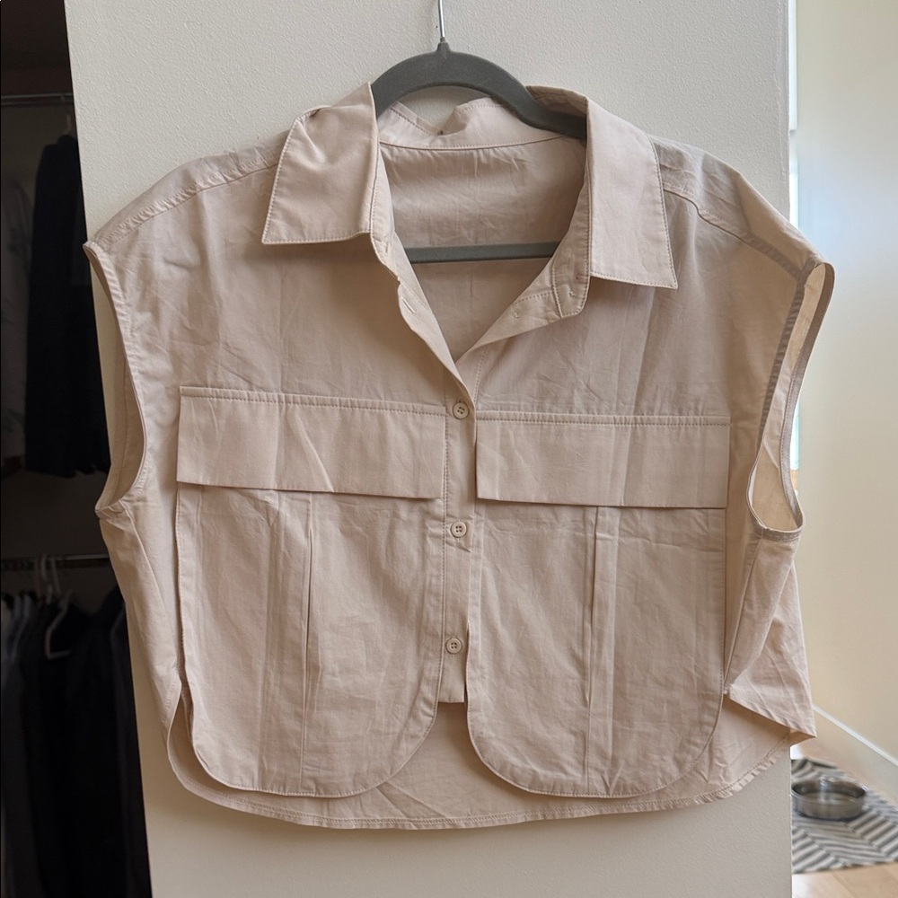 Sleeveless Beige Button-Up Shirt